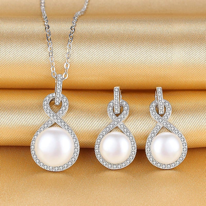 EleQueen 925 Sterling Silver CZ AAA Button Cream Freshwater Cultured Pearl Bridal Jewelry Necklace Earrings Set Ivory for Women,Gift for Valentine's Mother's Day Christmas - Image 2